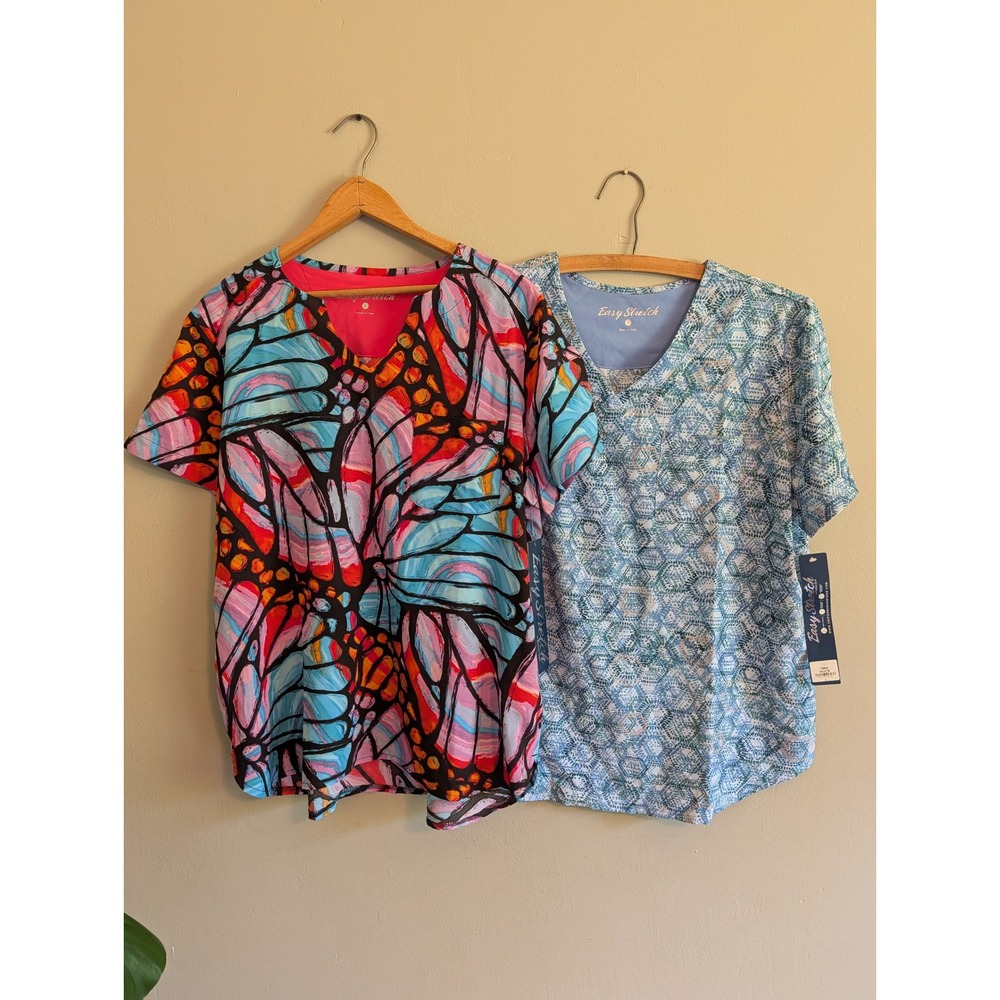 Lot of 2 Easy Stretch Butter-Soft Scrub Tops Butterfly Geometric Blue Pink TS546
